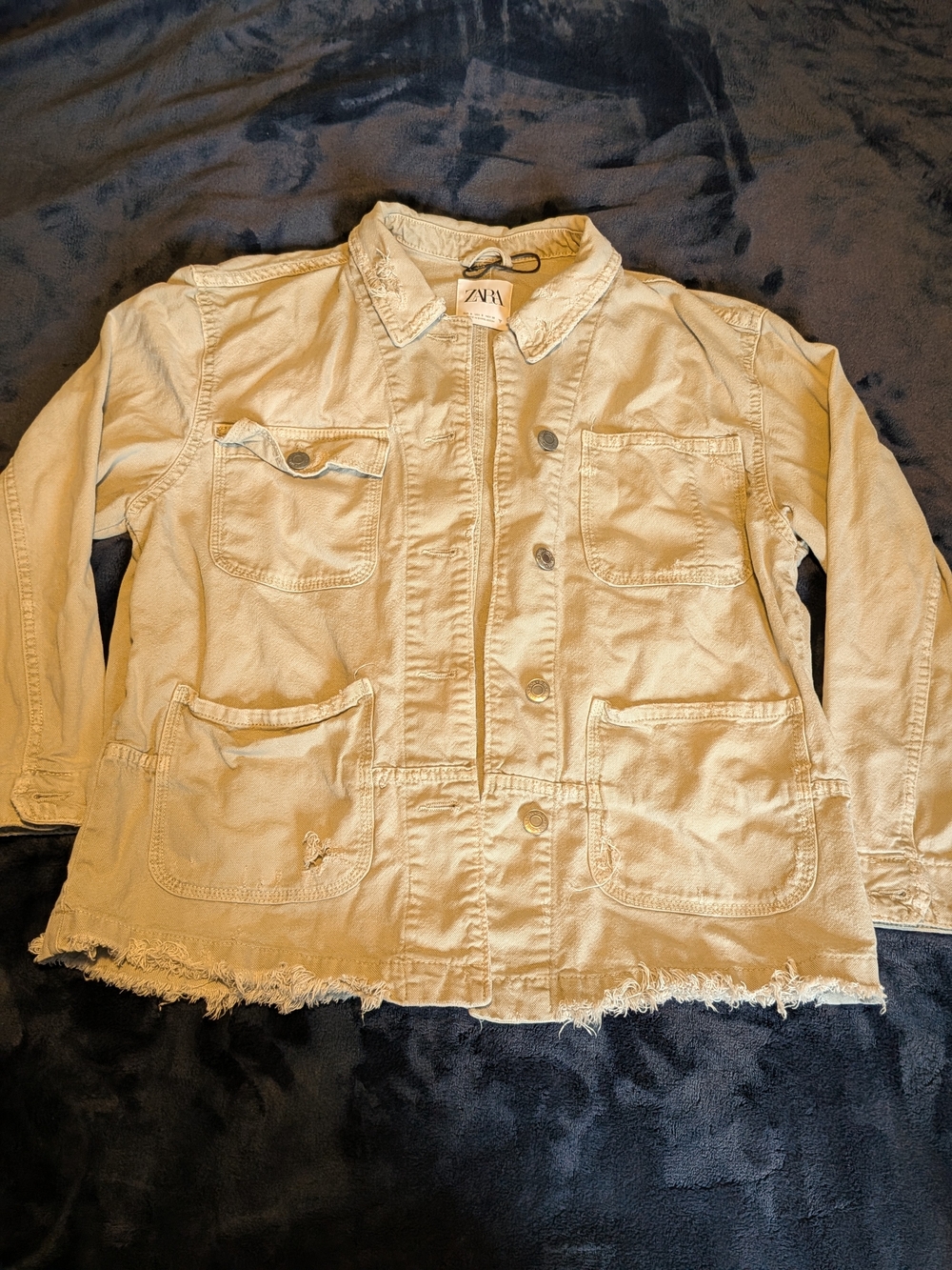Zara Women Beige Button Front Cargo Jacket Collared Pockets Fringe S